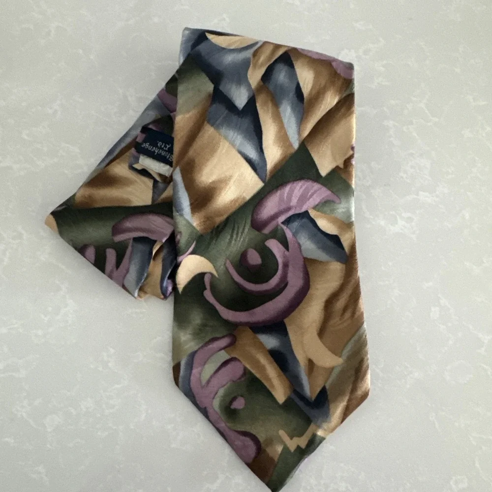 J. Garcia Men's Tie 100% Silks Abstract‎ Art  Green Gold Purple